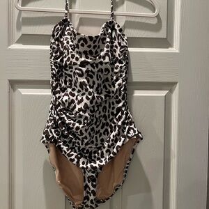 Jcrew size 10 strapless ruched one piece, leopard print